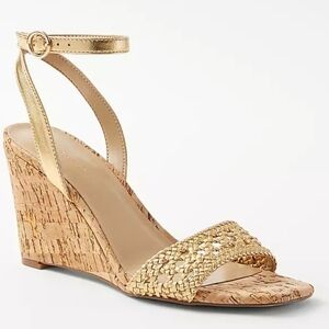 NEW! ANN TAYLOR Leather Woven Mettalic Gold Cork High Heel Wedge Sandals 8.5.